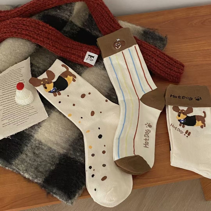 Wholesale Small dog embroidery, tube socks with folded edges, vertical stripes, stacked socks, cute and niche socks for children