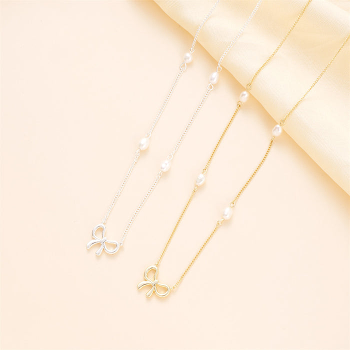 Wholesale Butterfly Knot Pearl Necklace Copper Plated Simple and Versatile for Daily Use, Light Luxury Style Clavicle Chain