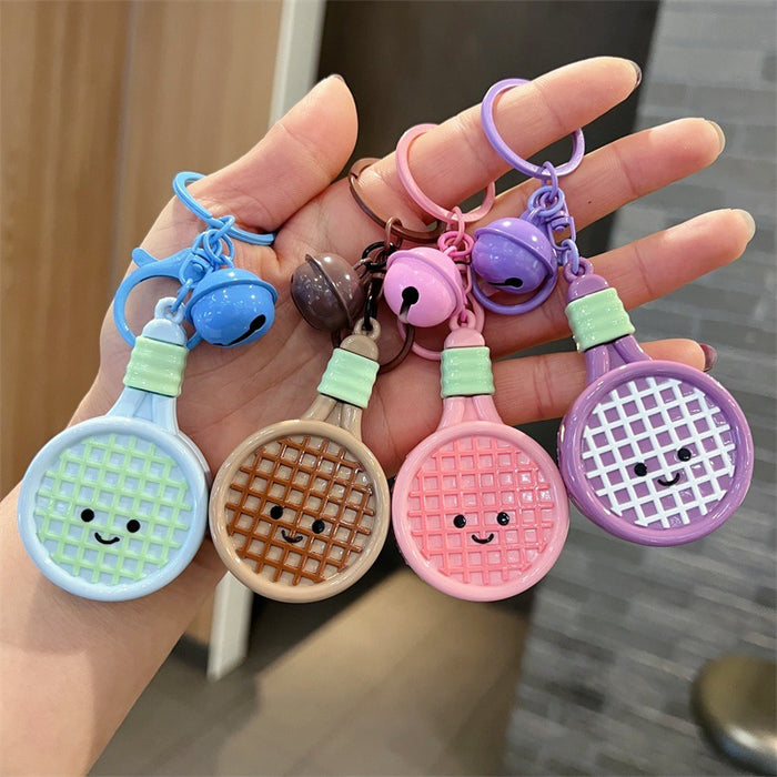Wholesale 5 PCS Cute PVC cartoon colorful tennis racket keychains with bell
