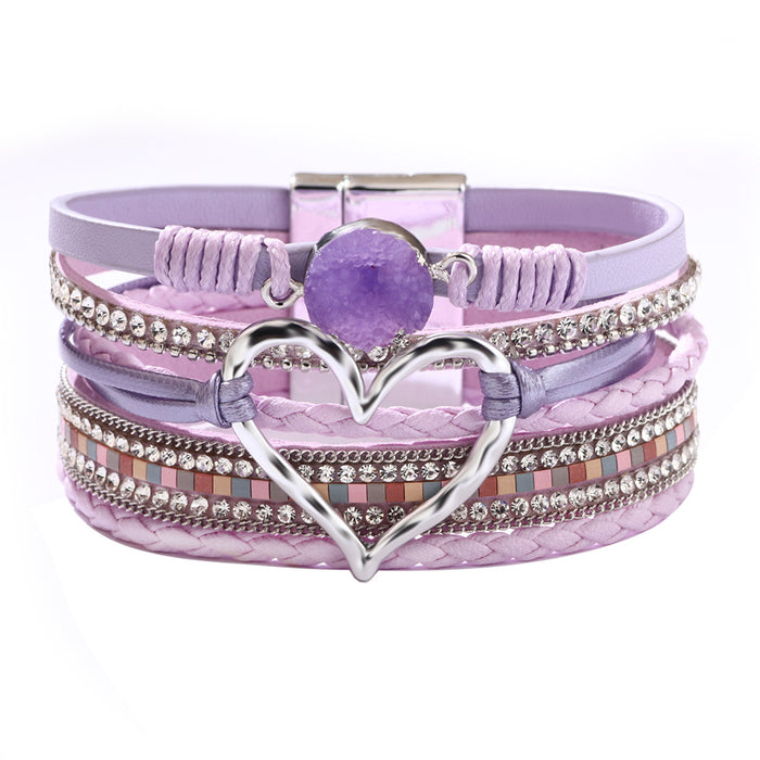 Wholesale New Bracelets for Women Bohemian Love Rhinestone Magnetic Bracelet PU Artificial Leather Soft Bracelet JDC-BT-QN001