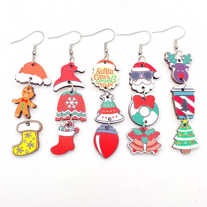 Wholesale New Christmas Earrings Snowman Santa Claus Gift Gingerbread Man Candy Wooden Earrings JDC-ES-YaChen009