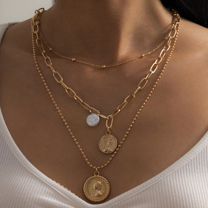 Wholesale  Baroque Figure Embossed Necklace Female Alien Imitation Pearl Ball-point Chain Neck Chain