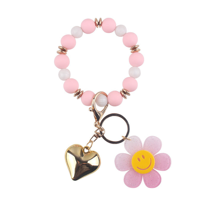 Wholesale Creative Silicone Beads Bracelet Keychain Cartoon Acrylic Smiley Sunflower Pendant Bracelet Key Ring Jewelry