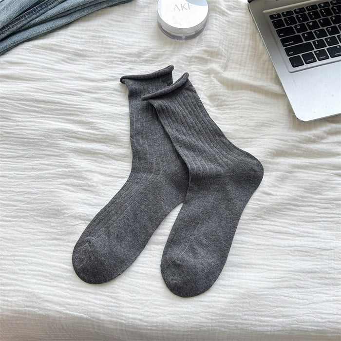 Wholesale Curled edge drawstring socks, stacked socks, middle tube cotton socks