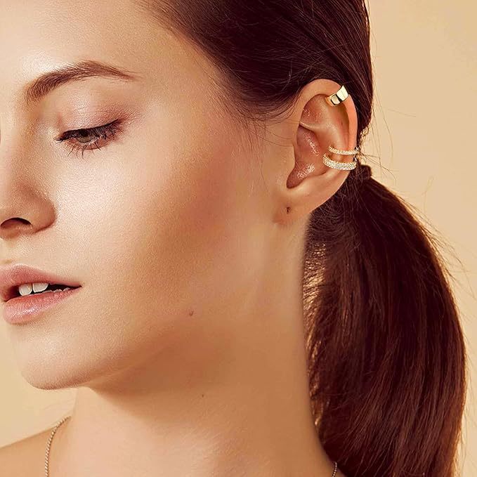 Wholesale Geometric white zircon ear bone clip without ear hole, copper plated with real gold, simple ear clip