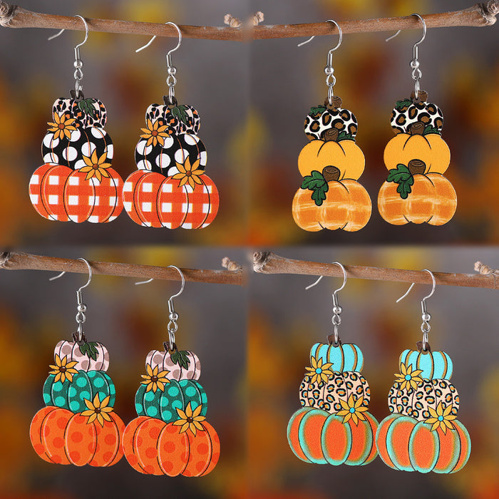 Wholesale Thanksgiving Autumn Harvest Polka Dot Plaid Pumpkin Flower Pendant Wooden Earrings JDC-ES-WenT023