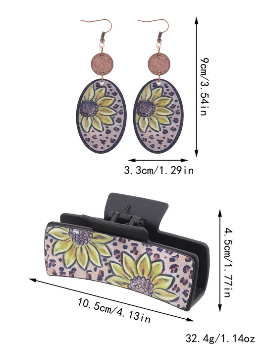 Wholesale Western Denim Wind Sunflower Cactus Leather Women' s Hairpin Grab Clip Shark Clip Plus Earrings Combination