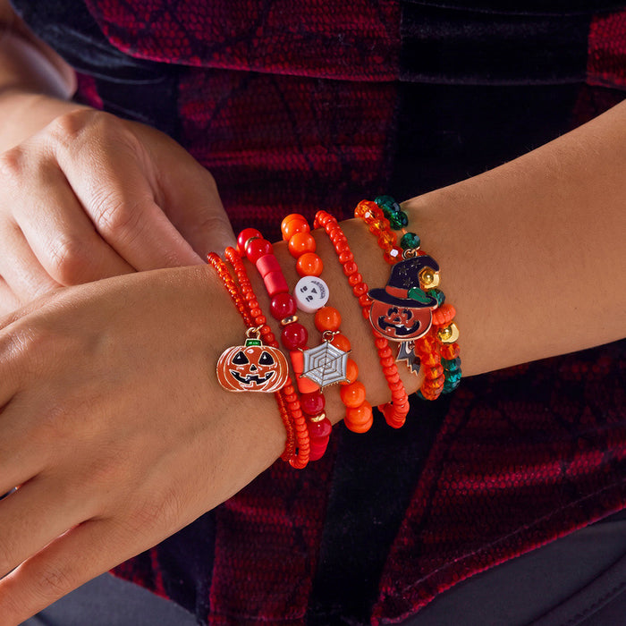 Wholesale Halloween Stacking Bracelet Set with Pumpkin Ghost and Skeleton Beads Jewelry Accessory