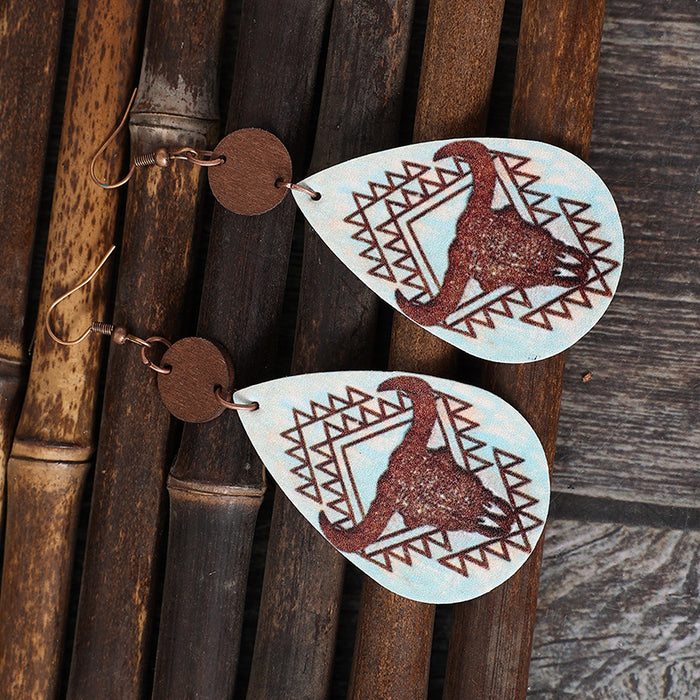 Wholesale Leather Earrings Retro Cow Print Water Drop Splicing