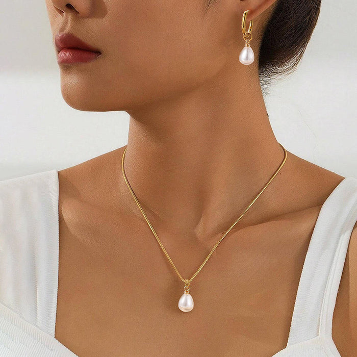 Wholesale Sophisticated Teardrop Pearl Dangle Earrings Stainless Steel Necklace Set