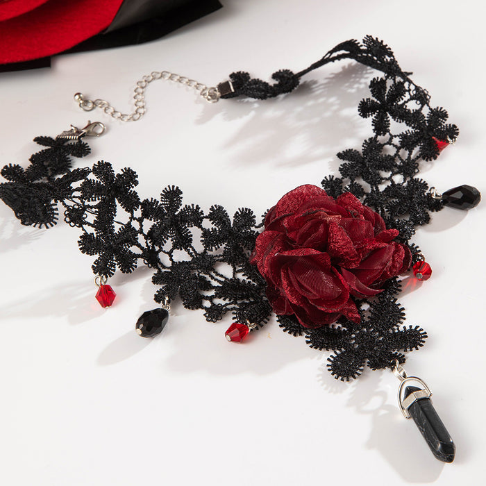 Wholesale Gothic Geometric Pendant Necklace Red Lace Fashion Accessory Jewelry Gift MOQ≥500