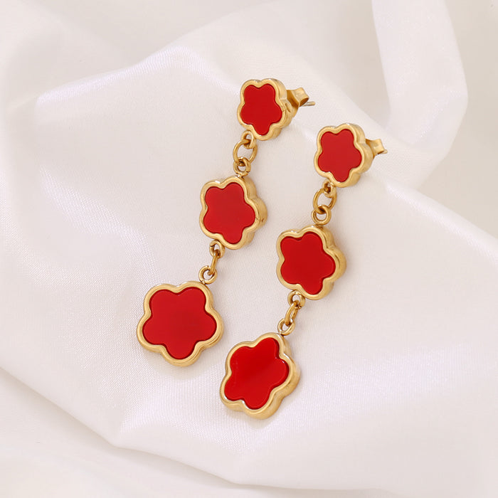 Wholesale Stainless Steel Five-Leaf Clover Earrings Niche Versatile Tassel Ear Studs,  Earrings,  Ear Accessories