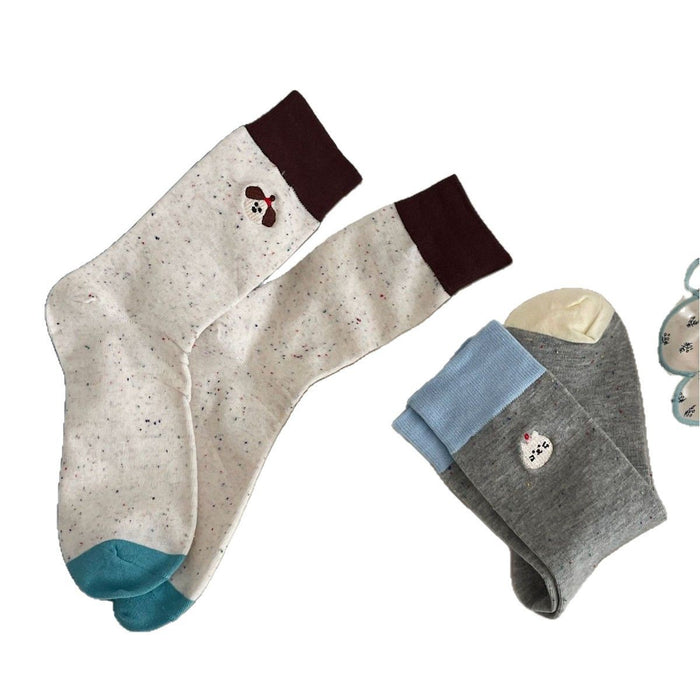 Wholesale Boneless dotted yarn cotton socks, color blocked embroidery, mid tube pile socks, cute