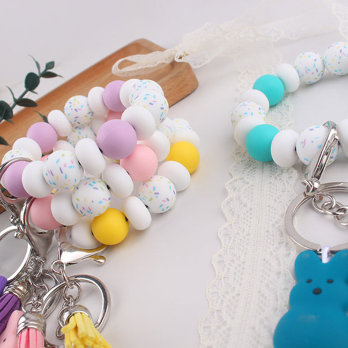 Wholesale Silicone Food Grade Silicone Bead Rabbit Bracelet Wrist Keychain Pendant Tassel Bracelet