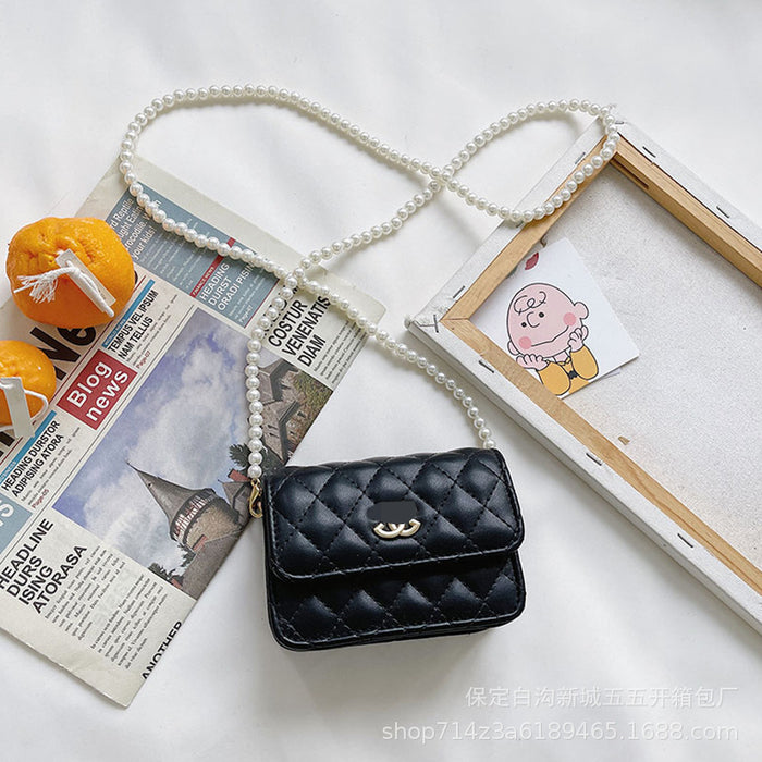 Wholesale Children's bag diamond grid embroidery thread mini pearl chain crossbody bag shoulder bag