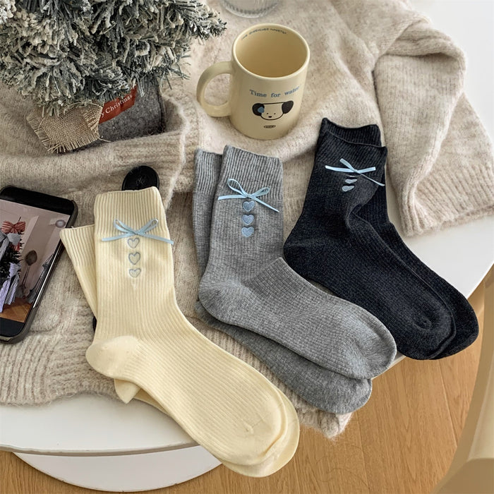 Wholesale Grey socks embroidered with heart, mid tube socks, blue ribbon, bow, stacked socks