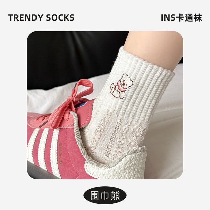 Wholesale Socks with cartoon striped embroidery, mid tube cotton socks, versatile socks