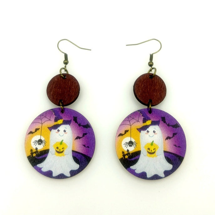 Wholesale Halloween Wooden Print Ghost Earrings JDC-ES-Yinxue007