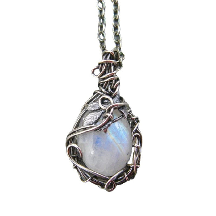Wholesale Cross border leaf pendant necklace jewelry imitation moonstone necklace retro necklace
