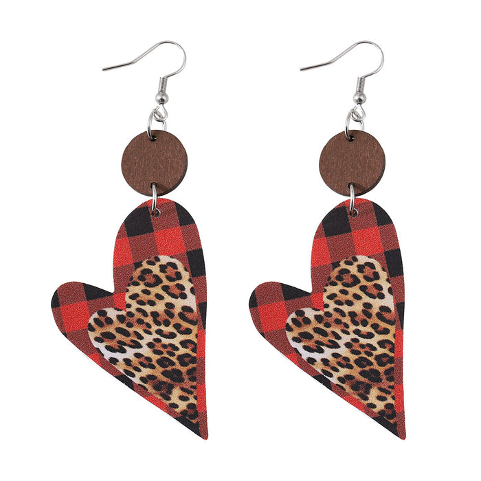 Wholesale  Valentine' s Day Plaid Love Pieces ing Pendant Earrings PU Leather Wooden ing Double-sided Earrings