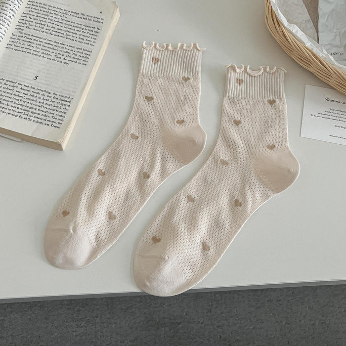 Wholesale New product: Ear fungus edge socks, mid tube socks, cotton socks, thin mesh, hollowed out lace, heart-shaped style, stacked socks