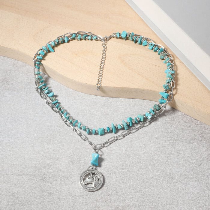 Wholesale Turquoise Beaded Alloy Pendant Multi-layer Necklace Bracelet suit