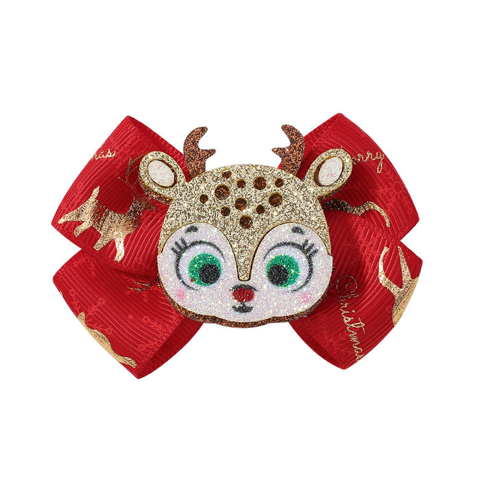 Wholesale Polyester Children's Printed Glitter Bow Christmas Elk Hairpin JDC-HC-Xiane012