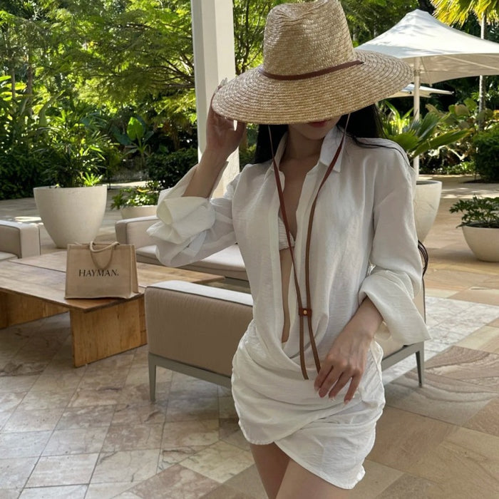 Wholesale Sexy neck hanging and backless split bikini long sleeved sunscreen shirt set