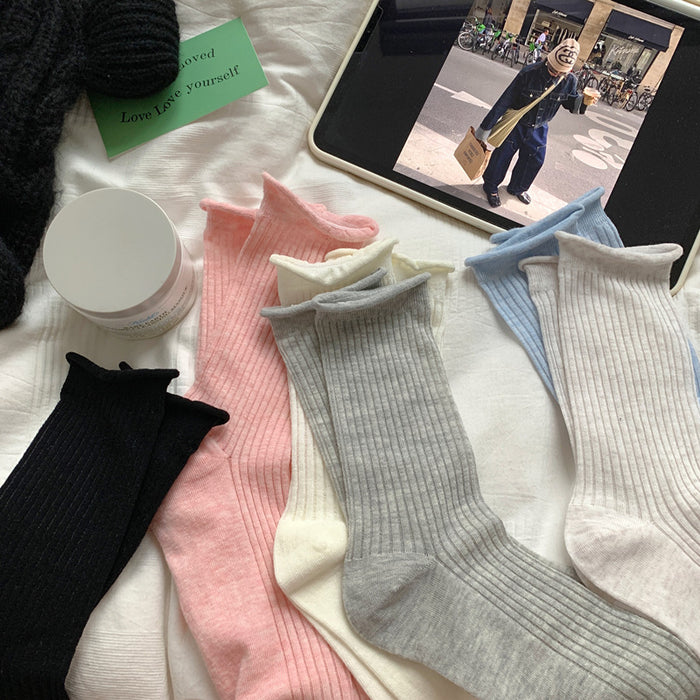 Wholesale Curled edge socks, mid length socks, new cotton socks, thin mesh breathable stacking long socks