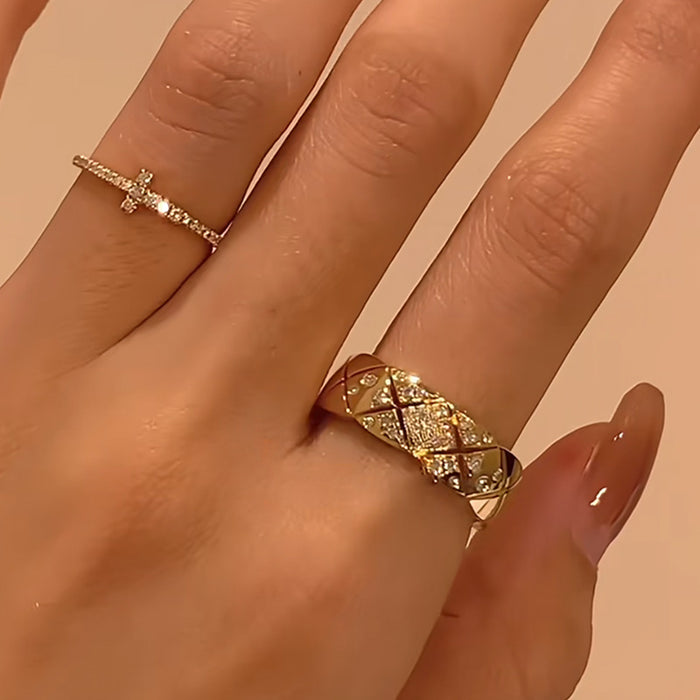 Wholesale Diamond-encrusted cross ring with a wide quilted design