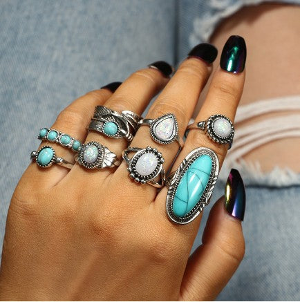 Wholesale Ethnic Style Retro Turquoise Carved Feather Ring Fashionable and Personalized 8-Piece Combination Ring Set