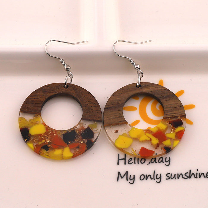 Wholesale Round Hollow Resin Crushed Natural Stone Gold Foil Wooden Earrings JDC-ES-Dagou002