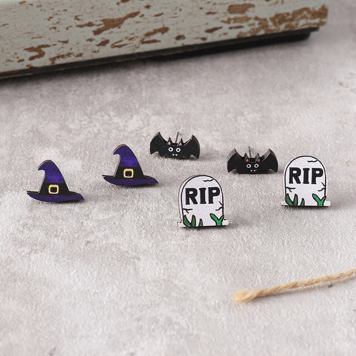Wholesale  Bat Pumpkin Black Cat Skull Ghost Earring Set Wooden Party Earring Gift