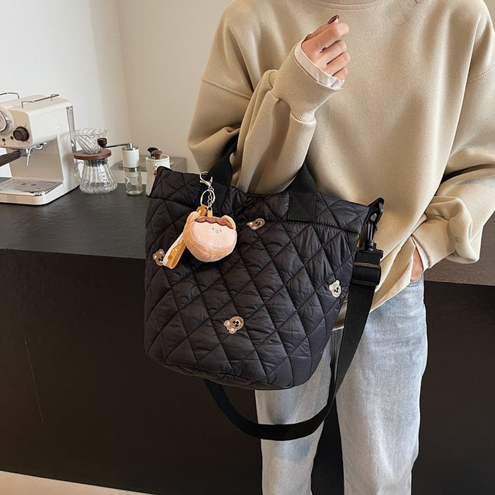 Wholesale Cute Bear Embroidered Large Capacity Portable Bucket Bag Autumn and Winter Rhombic Plaid Cotton-padded Suit Shoulder Bag Trendy Crossbody Bag
