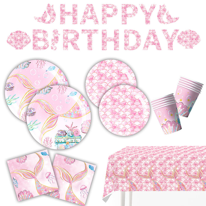 Wholesale Mermaid Theme Tableware Tablecloth Paper Cup Tissue Paper Tray Pink Fishtail Decoration Birthday Party Layout