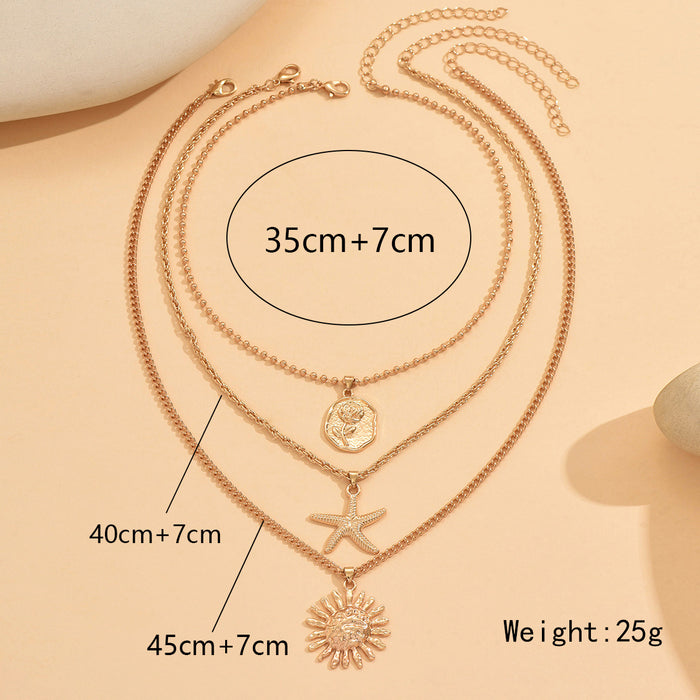 Wholesale Jewelry Rose Sea Star Sun Zinc Alloy Pendant Necklace Simple and Versatile Cuban Chain Necklace
