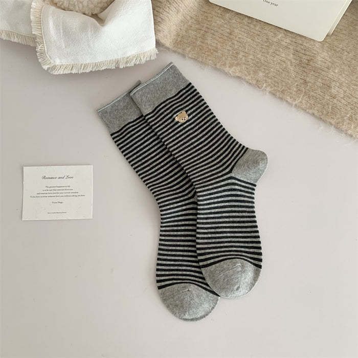 Wholesale Mid length socks, cotton socks, rolled edge striped pile socks, embroidered long socks