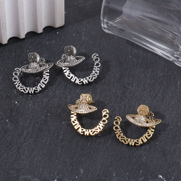 Wholesale Saturn full diamond letter earrings retro old planet earrings