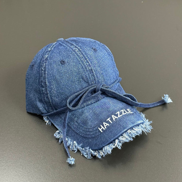 Wholesale Retro fringed denim baseball cap, soft top bow sun hat, sun protection duckbill cap
