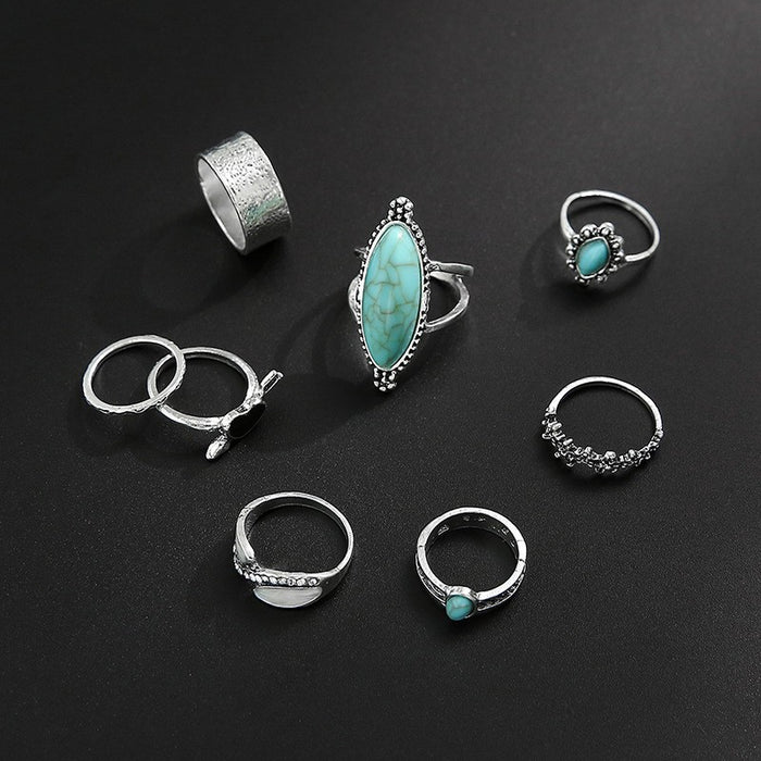 Wholesale Ethnic Style Retro Turquoise Carved Feather Ring Fashionable and Personalized 8-Piece Combination Ring Set