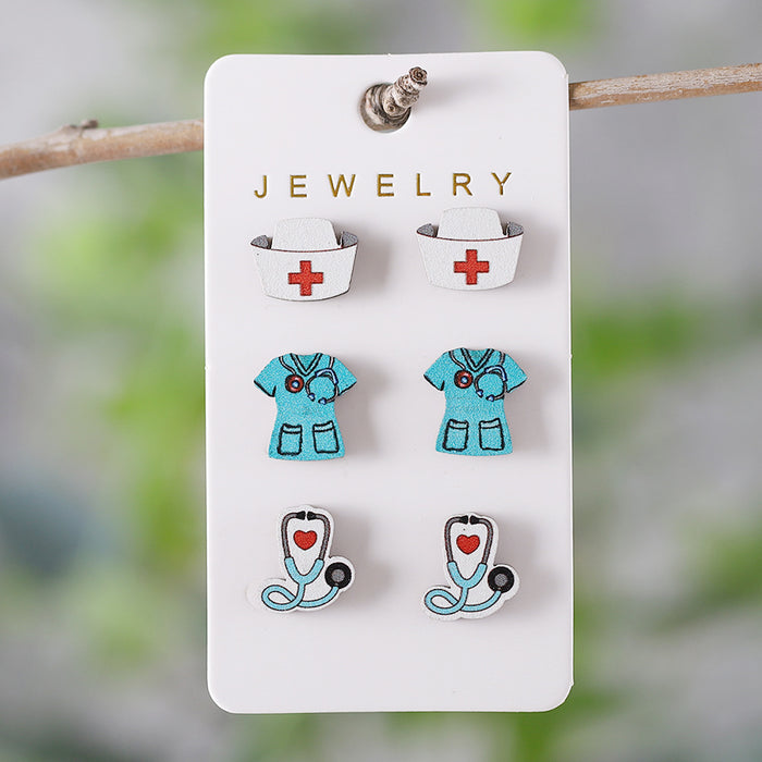 Wholesale Nurse' s Day Stethoscope Nurse Cute Heart and Lung Organs Earrings suit Wooden Earrings Earrings Gift