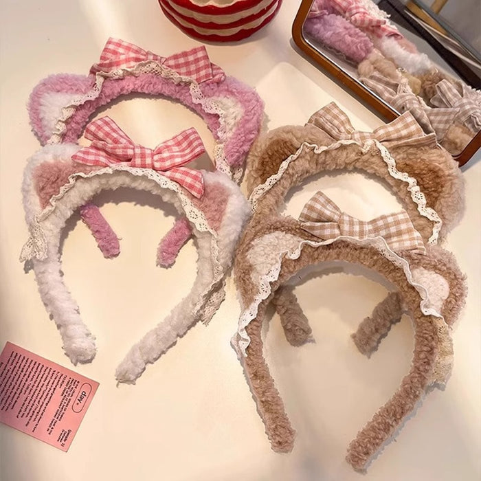 Wholesale Cute lace-trimmed bow bear ear plush headband
