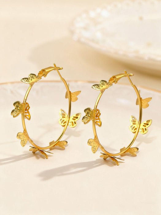 Wholesale Zinc Alloy Butterfly Hoop Earrings Pink Multi-Layer Hollow Design Jewelry Accessory MOQ≥2