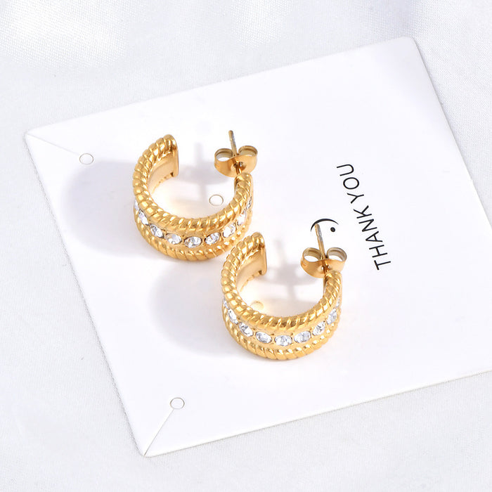Wholesale  Diamond twisted thread stainless steel geometric earrings  C- shaped earrings for women