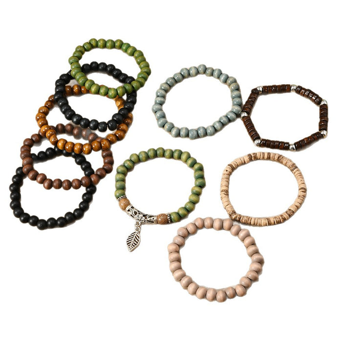 Wholesale Bohemian style nut shell wood beaded elastic thread multi-piece bracelet set
