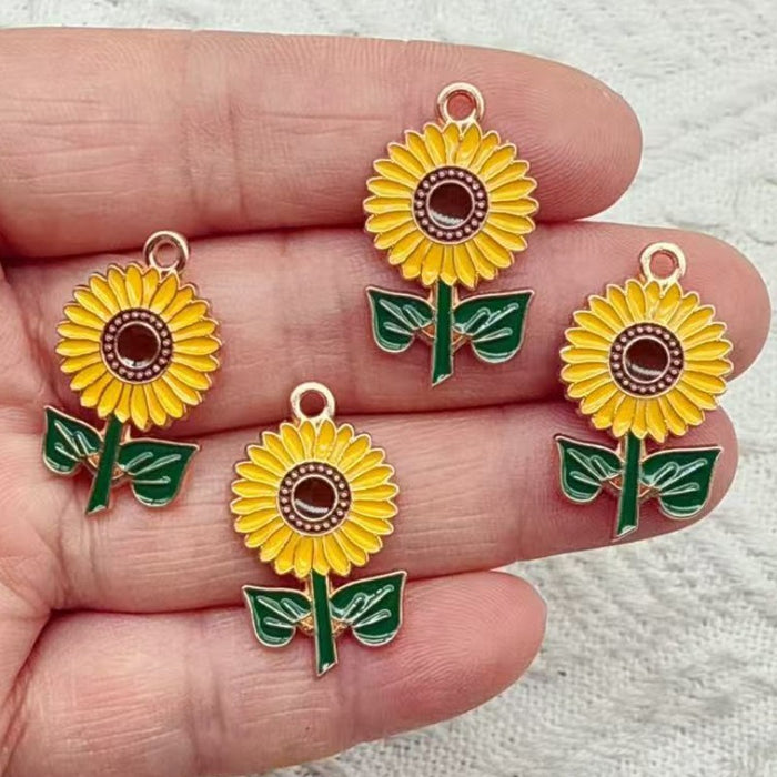 Wholesale 10pcs DIY Alloy Oil Drip Sunflower Bracelet Keychain Pendant