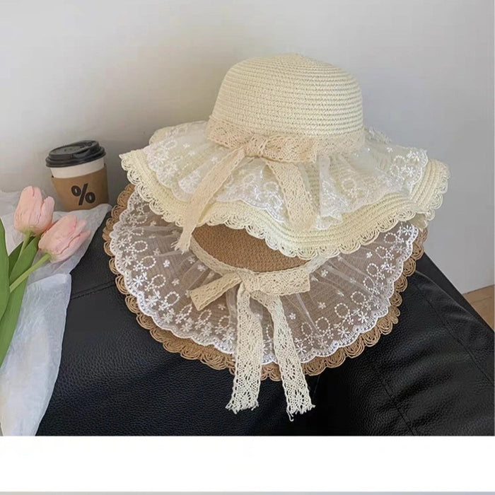 Wholesale Straw hat, lace bow, sunshade and sun protection hat, UV resistant sun grass hat