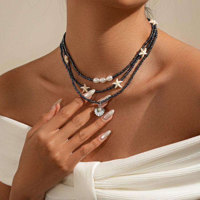 Wholesale New stacked black bead starfish necklace shell pendant necklace, personalized and fashionable collarbone chain