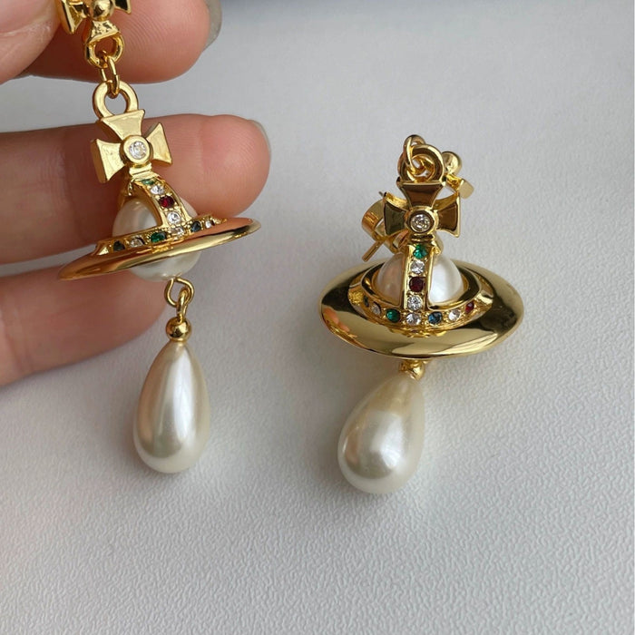 Wholesale UFO-engraved Saturn gold and silver teardrop pearl earrings