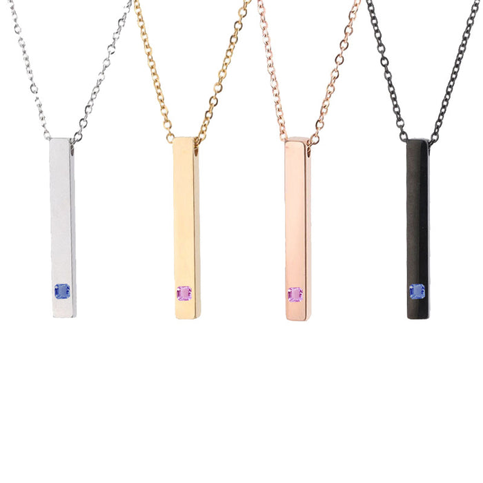 Wholesale Titanium steel pendant necklace, cubic engraved long necklace, diamond inlaid rectangular stainless steel three-dimensional rod necklace